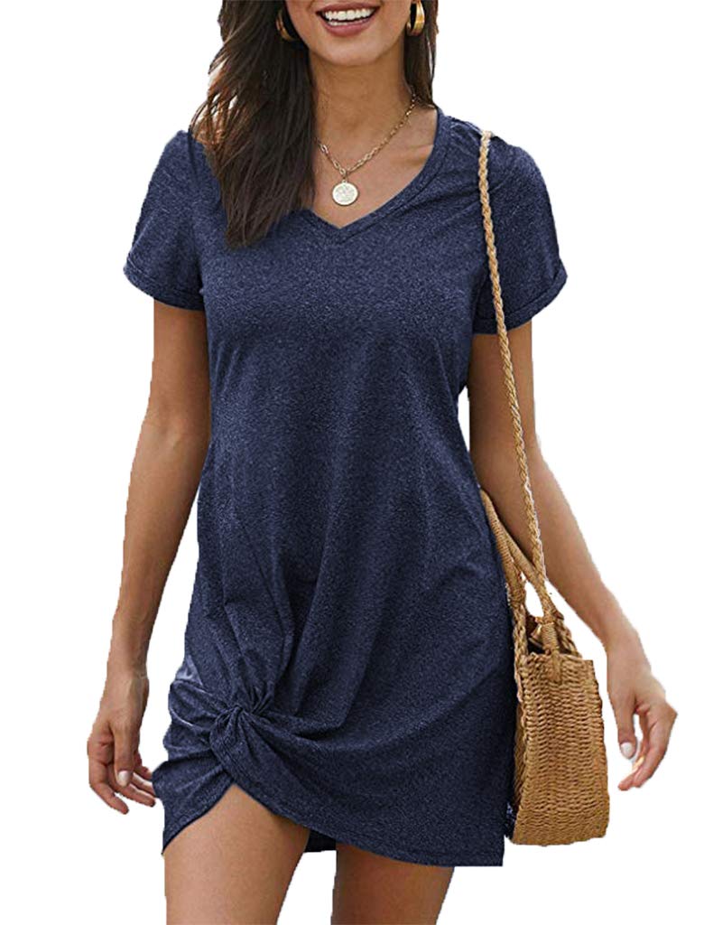 Locryz Short Sleeve Twist Dresses for Women Summer Sexy V-Neck Mini Beach Dresses M Navy Blue - Image 3